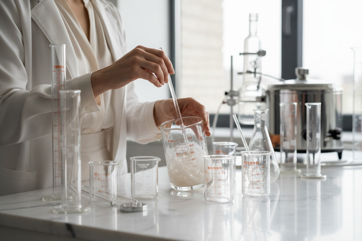 A high-end skin brand collaboration showing mixing measuring jars high-end meeting without the brown jars more of the mixing jars and examples not necessarily adding their Facebook you know maybe woman you could see their hands and body like that thanks